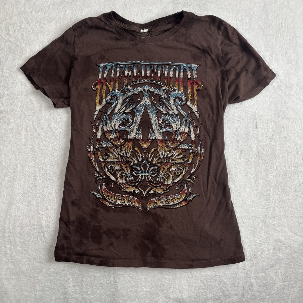 Y2K Affliction Brown Short Sleeve Bedazzled Shirt Women's Medium Back Cut Out